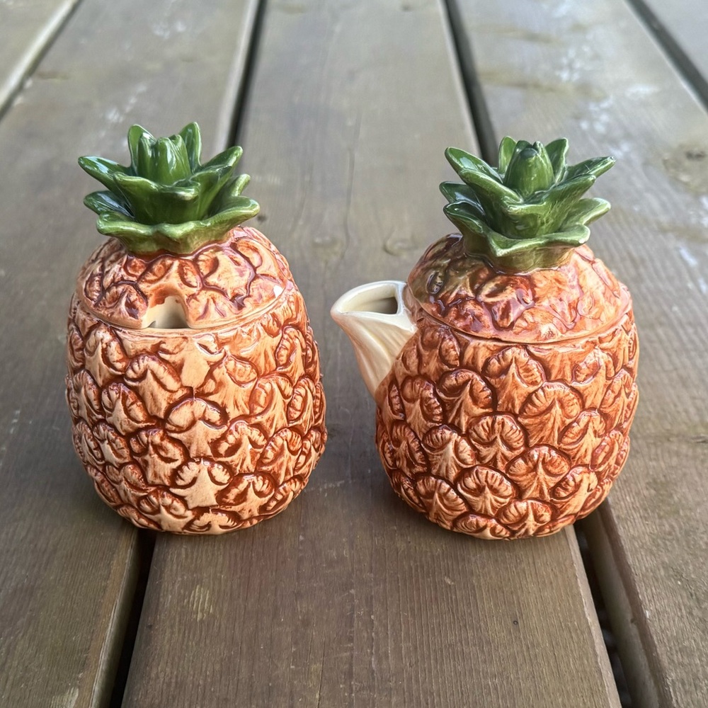As Is***Vintage Otagiri Hand Painted Pineapple Cream and Covered Sugar Set